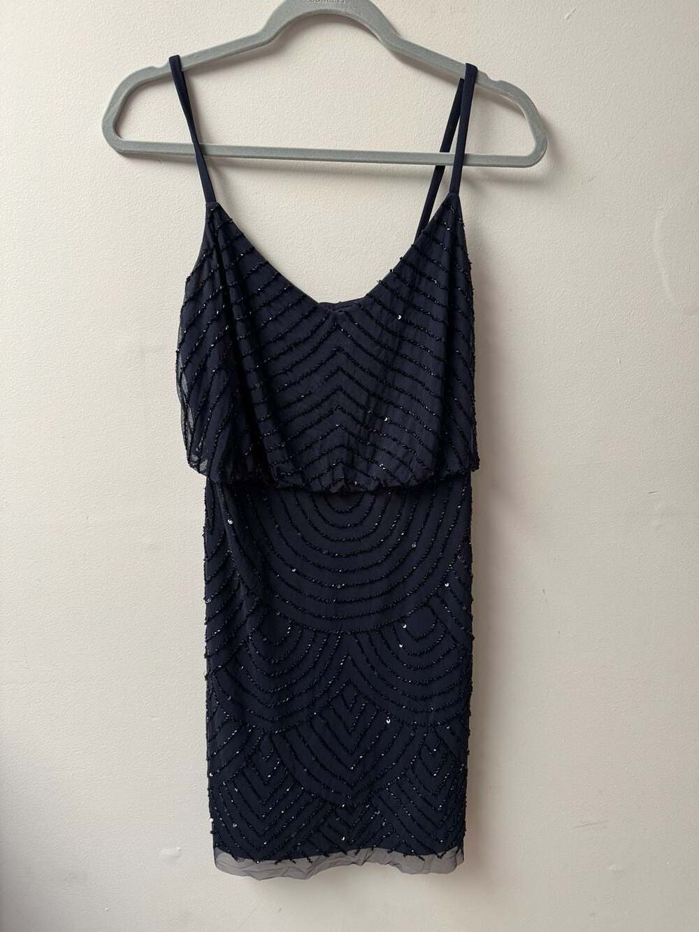 Adrianna Papell Navy Art Deco Beaded Blouson Mesh Mini Dress